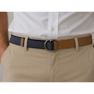 Talbots Leather Web D-Ring Belt Tan Navy Stripe Large Italy Old Money Minimalist